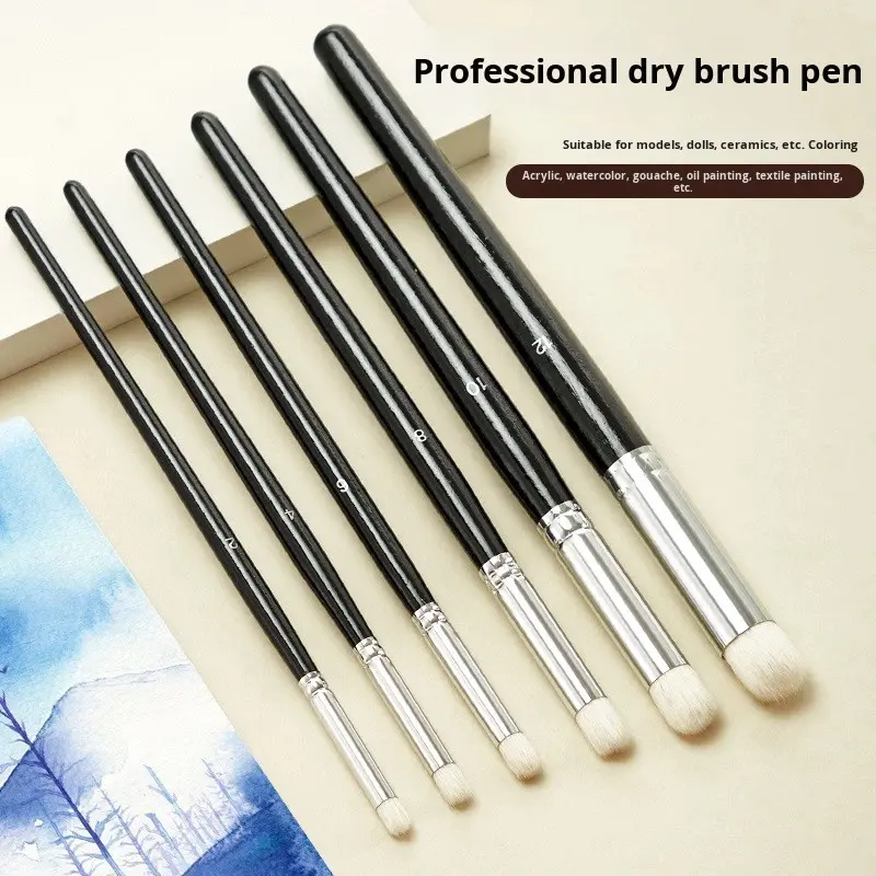 6-Pack High-Quality Round Wool Dry Brushes, Aluminum Holder, Wooden Handle, Ideal for Detailed Handicrafts and Acrylic Painting