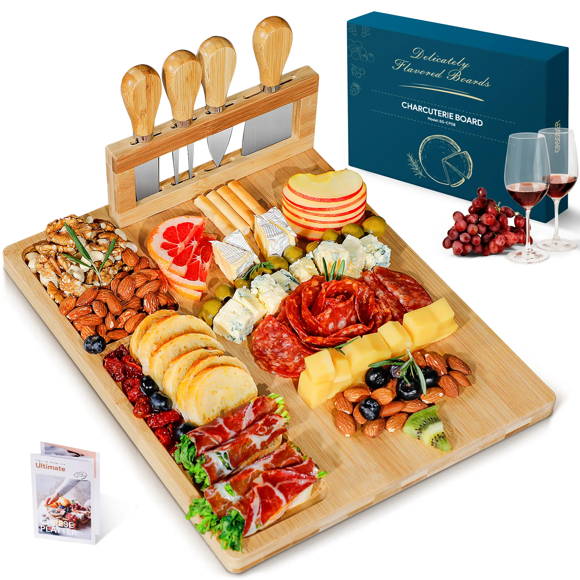Easoger Bamboo Charcuterie Board and Knife Set, Extra Large 3-in-1 Magnetic Cheese Board with Bowls