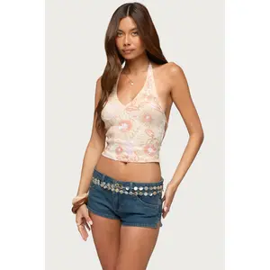 Catia Backless Sequin Mesh Halter Top