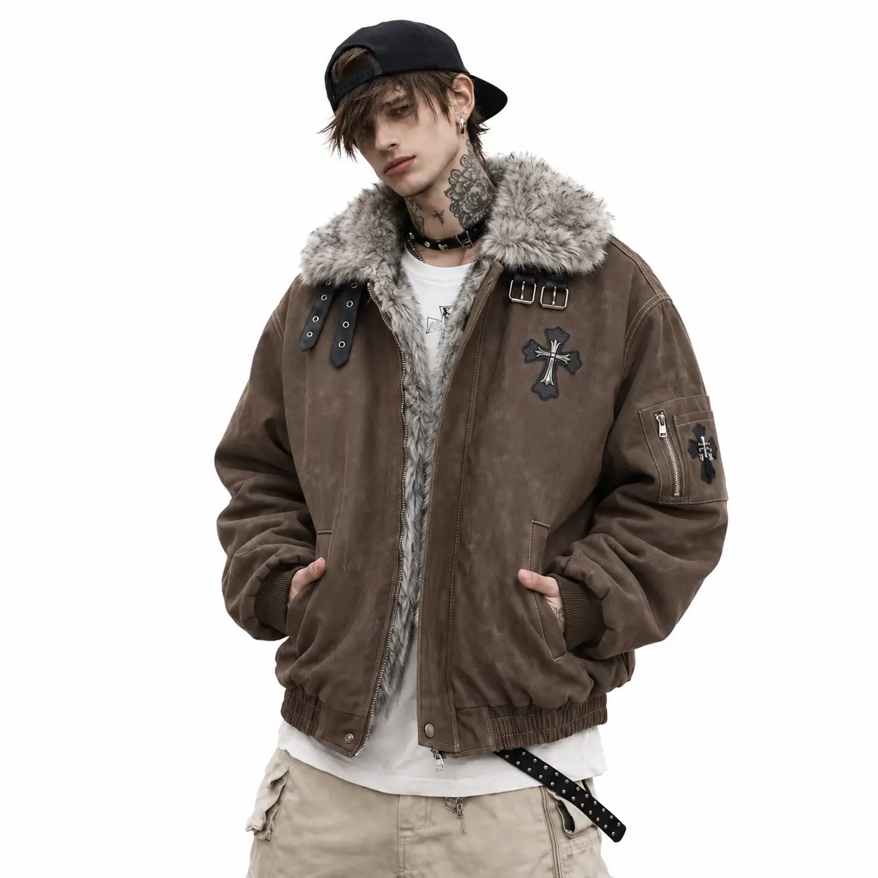 Men's Vintage Harajuku Bomber Jacket - Menswear with Faux Fur Collar, Heavyweight Distressed Canvas Longsleeves, Cross Patch, Distressed Textures, Edgy Details, Casual Wear, Durable Top