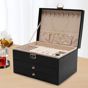 CNCEST 3-Tier Jewelry Box with Lock PU Leather Organizer for Necklaces Rings Watches Velvet Lining Jewelry Organizer Box with Drawers Lockable Storage for Earrings Bracelets Valued Items