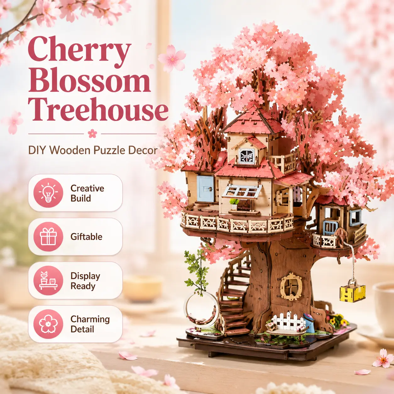 【Rolife】Cherry Blossom Themed 3D Interlocking Wooden Handmade Puzzle DIY Model Kit with LED Lights - Art Puzzles Gift, Stress Relief Toy for Adults, Home Bookshelf Decoration Craft