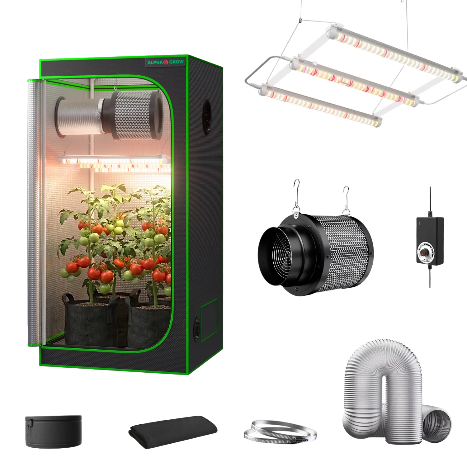 ALPHAGROW Reflective Indoor Grow Tent Kit with 33W Power ABA Full Spectrum LED Lights, 6-in 2-in-1 Carbon Filter Fan, 8FT Black or Silver Ducting, D-Door or Double-Door Greenhouse Setup for Indoor Use