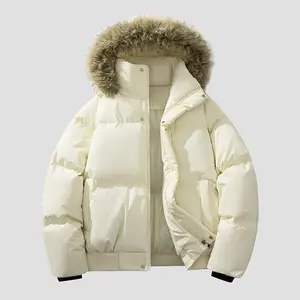 New Solid Color Thick Warm Hooded Collar Men's Cotton Coat - Plain Long Sleeve Stylish Outdoor Top for Men'swear with Fur Trim