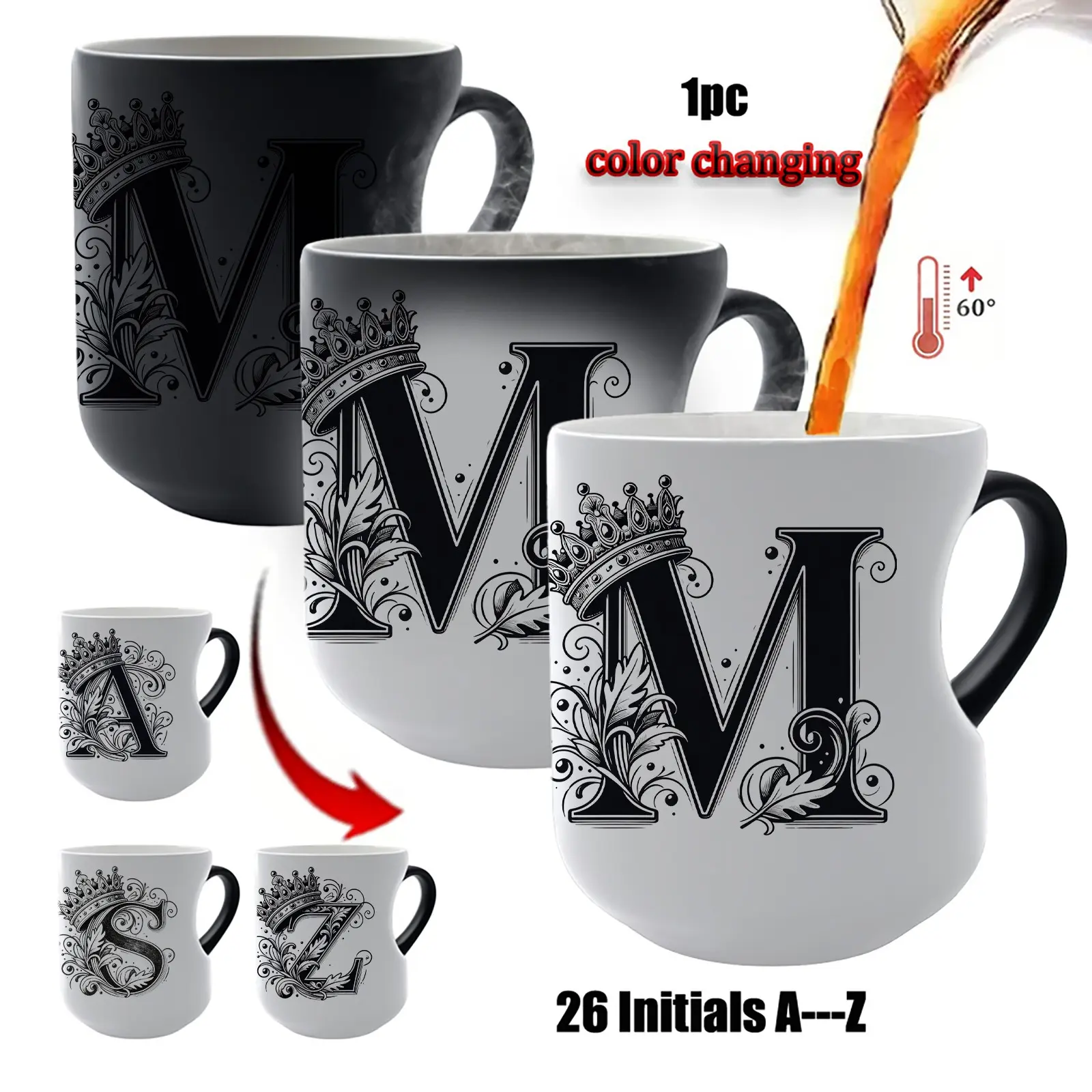 Magic Color Changing Mug, Crown Monogram A-Z Initials, Heat Sensitive Coffee Cup, Ceramic Mugs, Drinking Mug, Unique Gift for Him Her, Mother's Day Father's Day, Ceramic Printed Drinkware