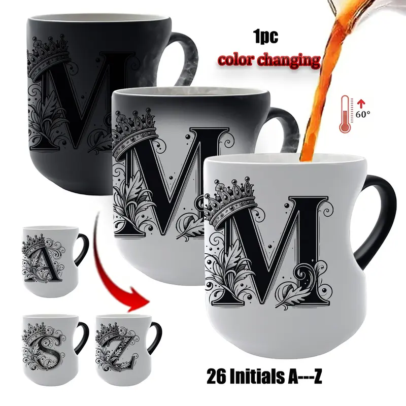 Magic Color Changing Mug, Crown Monogram A-Z Initials, Heat Sensitive Coffee Cup, Ceramic Mugs, Ceramic Cups, Drinking Mug, Novelty Coffee Mug, Unique Gift for Him Her, Mother's Day Father's Day, Ceramic Printed Drinkware