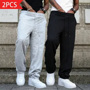Two-piece set: men’s casual pants, men’s long pants, men’s solid-color long pants, street-style apparel, loose fit, minimalist solid design, elastic waistband, mid-rise drawstring, suitable for everyday wear, home use, sports, and more occasions—an excell