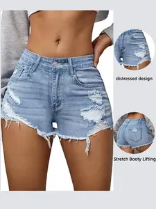 Women's Summer Vintage Washed Y2K Stretch Tight Distressed Jeans Shorts, Retro Style High Waist Denim Bottoms, Comfortable & Trendy, Denim Trouser Shorts
