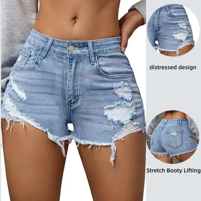 Women's Summer Vintage Washed Y2K Tight Distressed Casual Jean Shorts, Comfortable Trendy High Waist Denim Bottoms