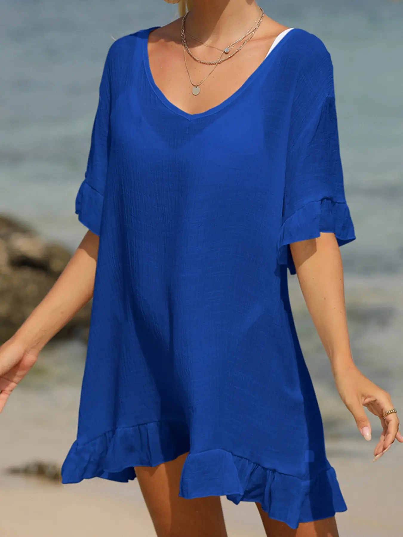 Beach Vacation Transparent Bikini Cover-Up, Beach Cover Ups, Beachwear Cover Up, Swimsuit Cover Up, Swimsuit Coverups, Simple Loose-Fitting Tie Up Dress, Casual Plain Clothing for Women