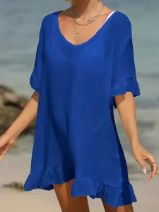 Beach Vacation Transparent Bikini Cover-Up, Simple Loose-Fitting Tie Up Dress, Casual Plain Clothing for Women