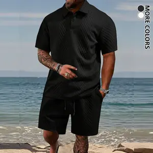 Men’s summer two-piece set, jacquard set, crew neck short sleeves, drawstring shorts, casual set Clothes Menswear Tropical
