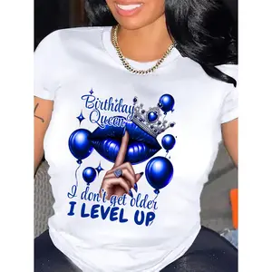 Queen's Birthday Queen Pattern T-shirt, polyester blend, Casual round-neck T-shirt with balloon and lip print, regular length, knitted fabric, suitable for all seasons, Allseason Top| Humorous design | Medium elasticity