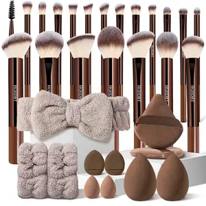 Travel 31Pcs Brown Professional Makeup Set with Washbag, Contains Multi-Use Face and Eye Brushes, Along with Essential Tools and Beauty Sponges, Puffs, Headband & Wristbands, Perfect Portable Kit for Women Seeking a Complete Beauty Experience
