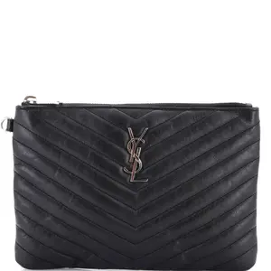 Pre-owned Yves Saint Laurent Leather Clutches & Wristlets Saint Laurent Classic Monogram Wristlet Pouch Matelasse Chevron Small by Rebag