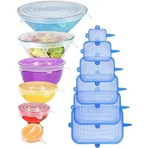 [12pack] Silicone Stretch Lids 6 Clear Round 6 Blue Rectangle Magic Lids Reusable Food Covers for Bowls Cups Cans Fit Different Sizes & Shapes of Container Dishwasher & Freezer Safe Kitchen Thick
