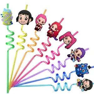Cartoon Girl Group Spiral Straw, Anime Q Version Cute Bent Straw, Reusable Kids Children Safe Birthday Party Decoration Straw, Fun and Durable Design
