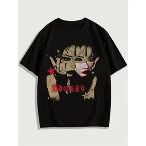 Y2K Grunge Vintage Acid Wash T-Shirt, Cotton Distressed Split Anime Woman Face & Red Star Japanese Text Print Oversized Street Top For Men Women