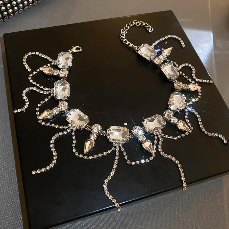 Rhinestone Choker Necklace Jewelry Silver Sparkly Tassel Prom Necklaces Chain for Women Rhinestone Choker Necklace Jewelry Silver Sparkly Tassel Prom Necklaces Chain for Women
