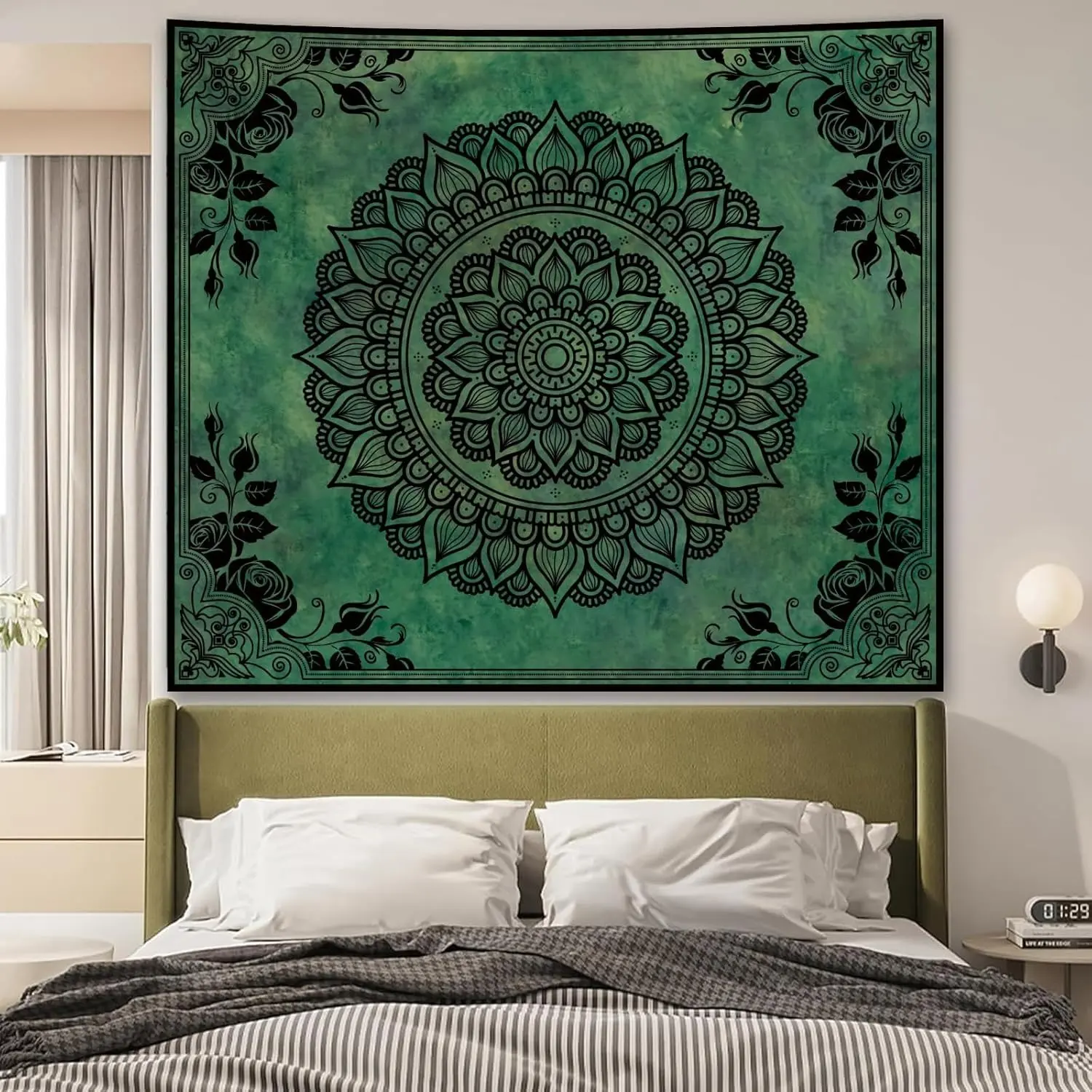 [JIT Product] 1-Piece Vertical Aesthetic Fabric Wall Hanging Tapestry - Dark Green Background with Black Mandala Rose Pattern, Bedroom Indoor Home Decor, One-Piece