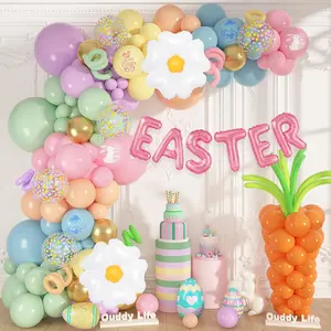 187 PCS Easter Balloons Arch Garland Kit, Easter Party Decorations with Daisy Flower Foil Long Pastel Printed Balloons for Spring Pastel Birthday Shower Bunny Party Supplies Decor