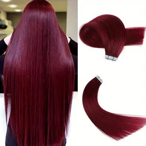 99J Burgundy Tape-In Straight Hair Extensions Natural Straight 100% Human Hair Tape in Extensions
