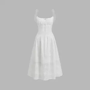 Cider Adjustable Tie-Front Boning A-Line Cotton Dress with Stretchy Back Panel, Cute Spring-Summer Wedding Guest Dresses for Women