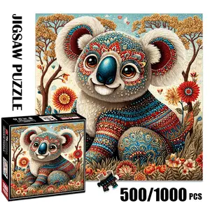 1pc 1000 piece adult puzzle 58x58cm Ornate - patterned Koala with Floral Background 500 pieces paper jigsaw puzzle Animal Shape Puzzle suitable for DIY creative games for adults and families, birthday and holiday stres