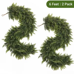 2 Pack 6FT Artificial Cedar Garland - Real Touch Green Pine Garland for Indoor Outdoor Christmas Mantle Table Wall Decor