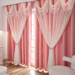 French Romantic Hollow Star Water Wave Curtain Head Decoration, Double Layer Sheer Fabric, Finished Light Blocking Curtains for Living Room, Window Curtain, Home Decoration Curtain