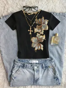 Women's Y2K Floral Sequins Embroidery Short Sleeve Slim Fit Tee, Light Luxury Punk Style Top, All-Season Fashion