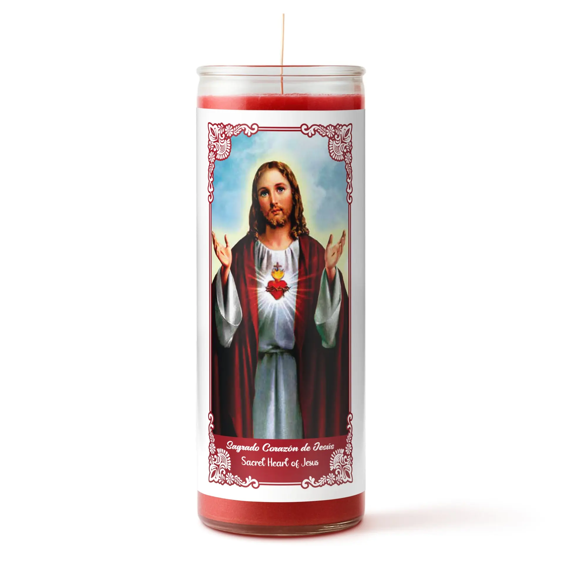 Sacred Heart of Jesus Glass Pillar Candle - Red | Veladora del Sagrado Corazón de Jesús Roja