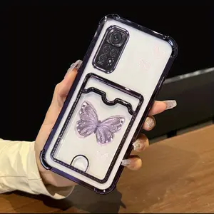 Redmi Note 11 4G Fashion Series Card Holder Slot Phone Case For Compatible With Xiaomi Redmi Note 11 4G Transparent Plating Cover and Shockproof Romantic Beautiful Dreamy Purple Butterfly Protector