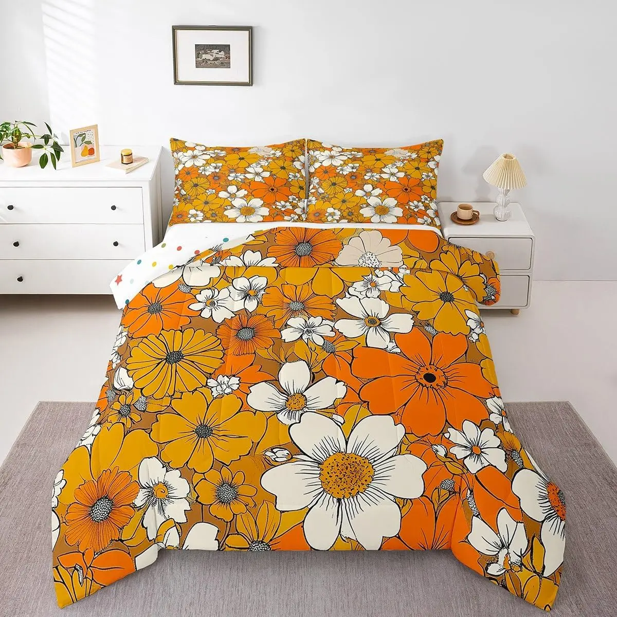 Feelyou Bohemian Bedding Quilt Set - Queen, King Sizes, Bold Floral Graphic Print, 1960s-1970s Retro Groovy Orange Hippie Psychedelic Design, Breathable All-Season Machine Washable Travel-Friendly Duvet Insert for Boho Bedrooms Teens, Machine Wash, All Se
