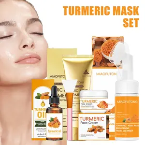 Turmeric facial cleaning and care 4pcs/set, clean, moisturize, Hydrating and smooth skin, suitable for all skin types, both men and women, including facial cleansing mousse, facial essence, face cream, tear off facial mask
