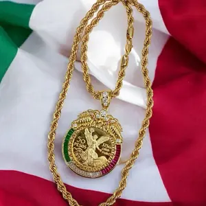 18K Gold Plated Luxury Necklace with Centenario Coin Tricolor Details Rope Chain Diamond Accents 24/26 Inches