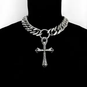 SENT FROM HEAVEN - Stainless Steel Chain Gothic Cross & O Ring Center Necklace Punk Goth Edgy 2000s Y2K Gift for Men Women