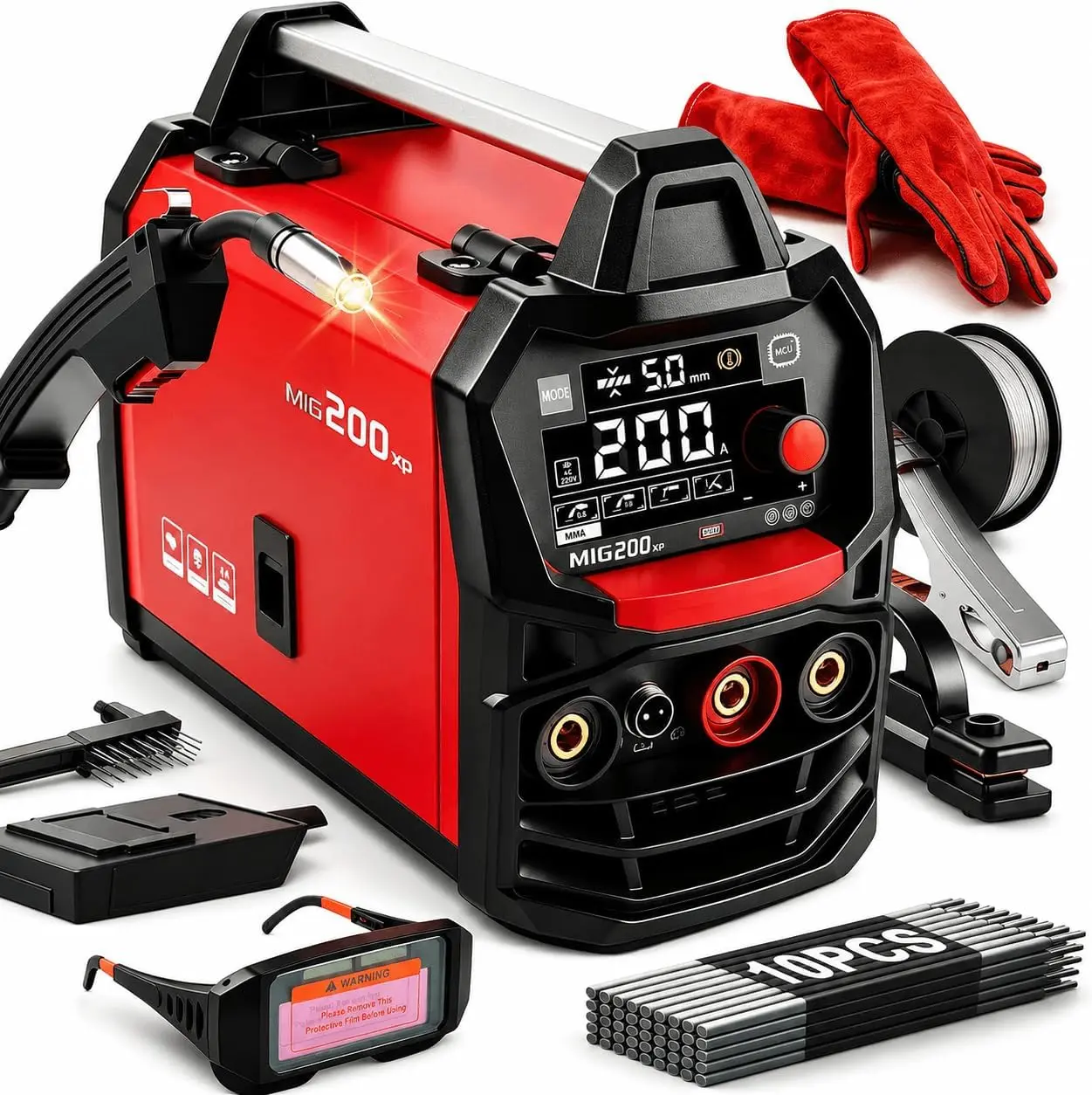 GNIWELDER MIG 200XP 4-in-1 Welder,Gasless Flux Core, Stick/MMA and Lift TIG in one compact machine. With 110V/220V dual voltage, synergic control and portable design, it is ideal for DIY projects, garage work and auto repair
