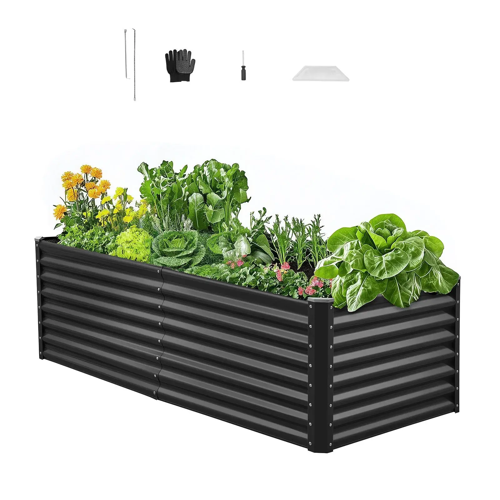 【Summerfinds】VEVOR Galvanized Metal Raised Garden Bed Complete Kit - 6x3x2 ft Dark Gray Outdoor Garden Pot with 4 Corner Panels, 4 Plastic Caps, 6 Cross Bars, Open Bottom Design for Vegetables, Flowers