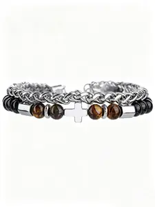 Men's Tiger Eye Stone Cross Bracelet, Double Layer Cuban Link Chain Beaded Bracelet, Stainless Steel Adjustable Wristband, Fashion Hip Hop Jewelry Gift Box for Men Boys