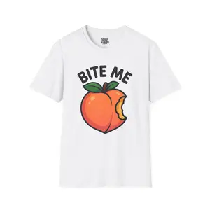 Peach Bite Me Unisex Softstyle T-Shirt, Funny Fruit Tee, Juicy Fruit Shirt, Sarcastic Graphic Tee, Novelty Gift Shirt