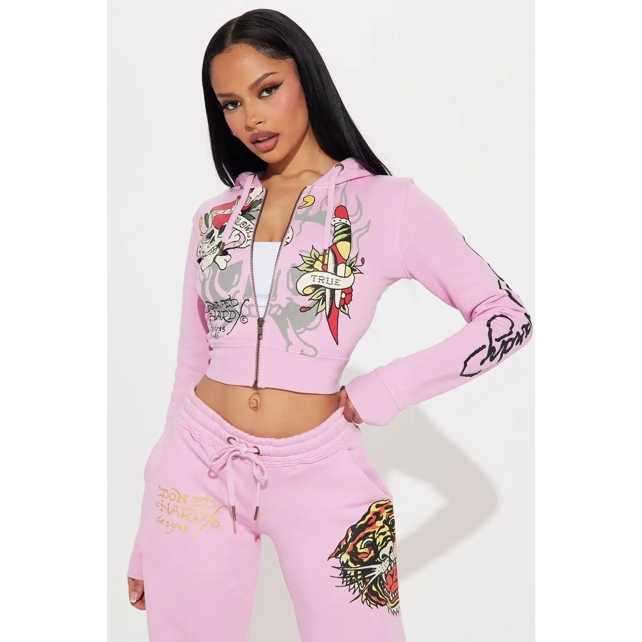 Ed Hardy Tiger Roar Zip Up Hoodie - Pink E