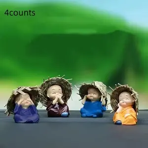 4pcs Resin Monk Statue Set, Indoor and Car Decoration, Creative Straw Hat Monk Ornament, Durable Collectible, Suitable for Various Room Types