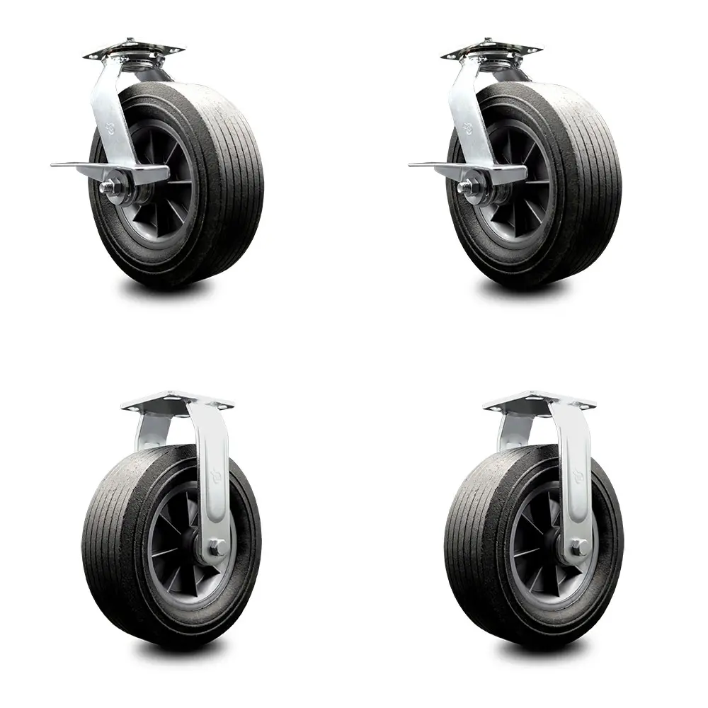 Service Caster Series No.100 SMOK-SCC-100S1030-SNB-SLB-BSL-2-R-2 10"x3" BBQ Smoker Grill Flat Free All Terrain Caster Wheel Set - Easy Roll, Maintenance Free Solid Rubber, Enhanced Noise Reduction, Semi-Pneumatic, for BBQ Grilling Enthusiasts