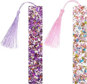 2 Pcs Bookmarks for Girls, Glitter Resin Bookmarks Transparent Kids Art Bookmark with Colorful Silk Tassels for Women Girls Book Lovers Reading Presents Piriuuo