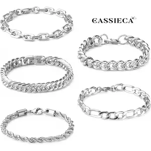 CASSIECA Unisex Silver Stainless Steel Chain Bracelet - Waterproof Figaro, Rope, Cuban Link Styles, 6.5/7/7.5/8.3/9 Inches, Daily Wear Jewelry Gift, Yes for Gifting SummerVibes
