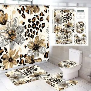 4pcs Modern Floral and Leopard Print Bathroom Accessory Set - Stylish Shower Curtain, Coordinating Toilet Seat Cover, and Complementary Bath Mats for Elegant Nature-Inspired Decor - Perfect for Spring Refresh and Home Makeover