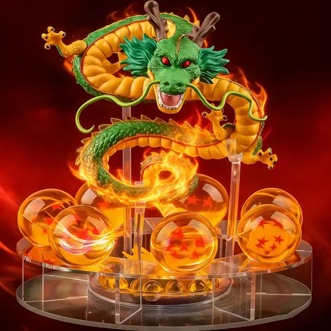 Statue Set with Shenron, 7 Crystal Glass Dragon and Display Stand - 3.5 cm Collectible Figures, Anime Gifts for Men, Christmas Home Decor