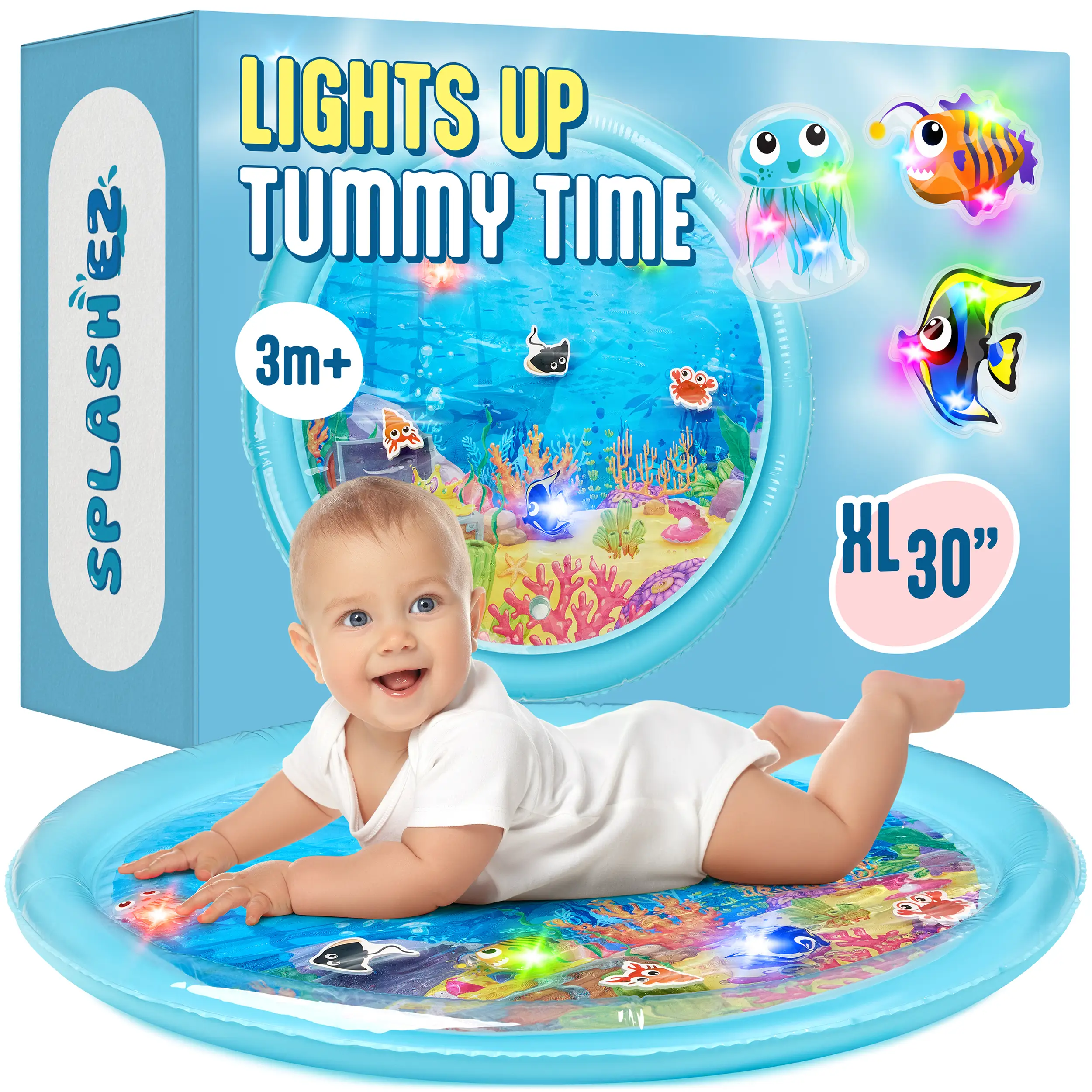 SplashEZ 30" Light-Up Tummy Time Water Mat for Babies with 3 LED Glow-Up Fish & 3 Floating Toys, BPA-Free, CPSC Certified, Easy to Clean