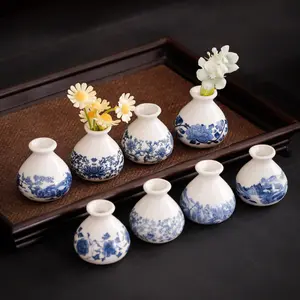 Retro Blue and Ceramic Mini Vase Ornament, Creative Small Flower Holder for Home Office Car Desktop Decoration